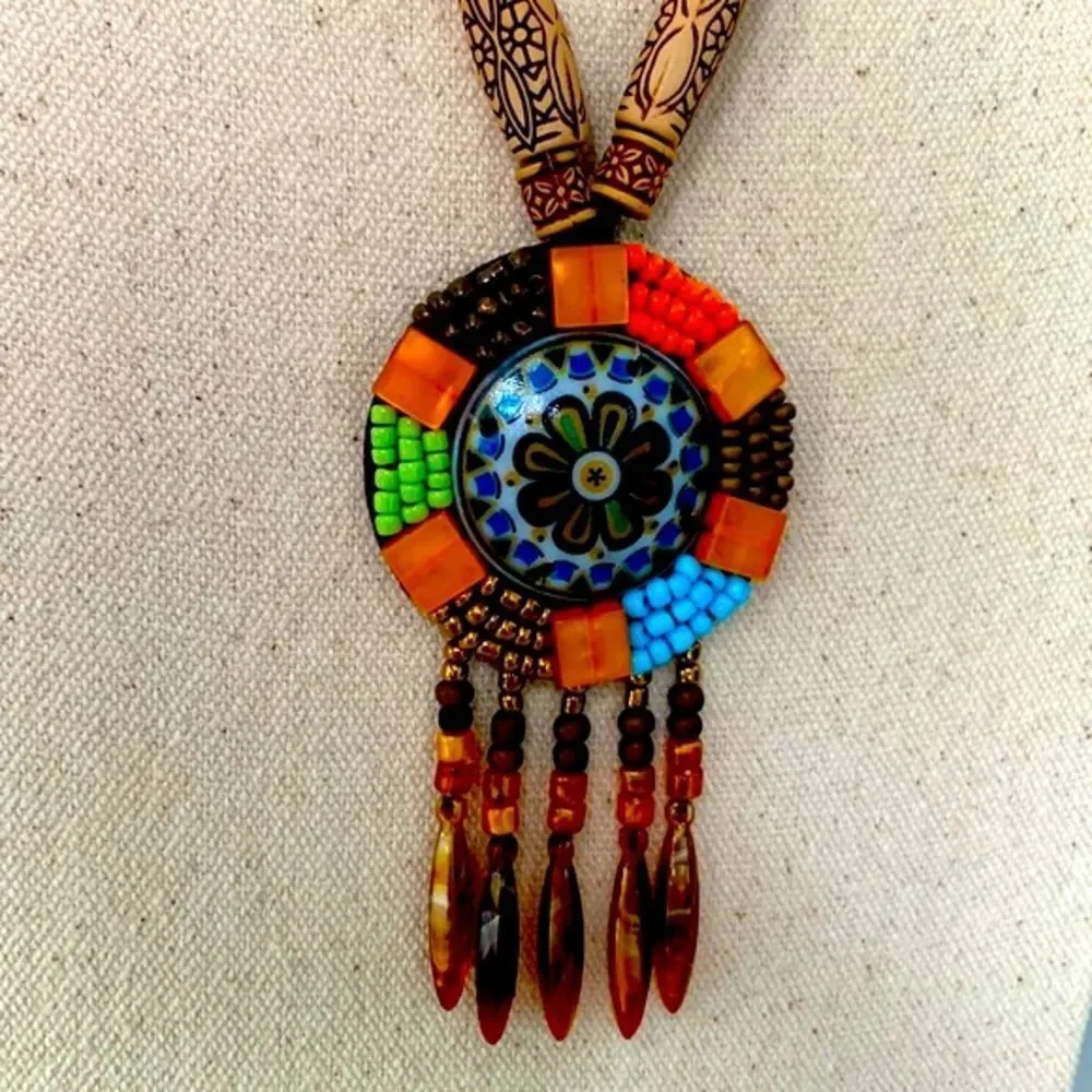 Boho Beaded Medallion Necklace Earthy Western Style